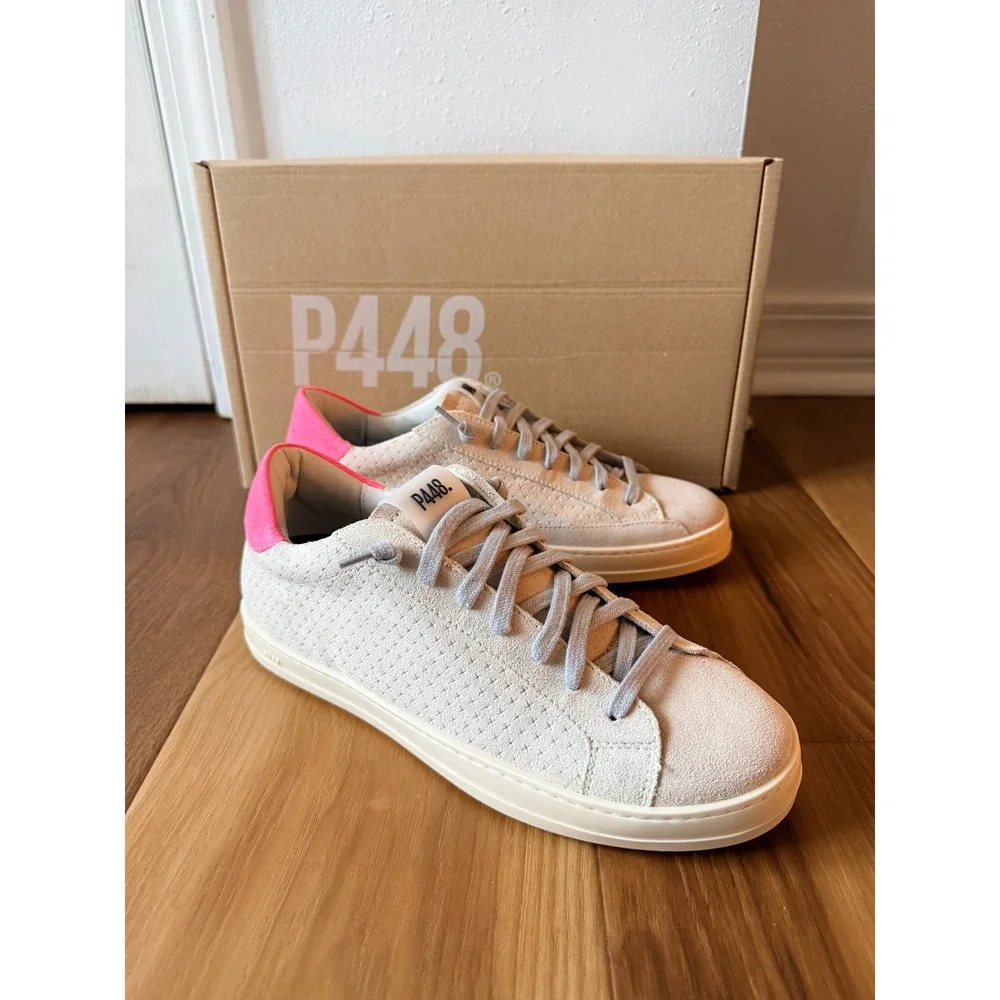 P448 John Low Top Sneakers Beige‎ Perforated Suede Neon Pink Heel 38 / 8